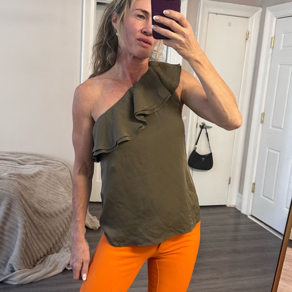 Theory One-Shoulder Silk Top Olive Green Sz M